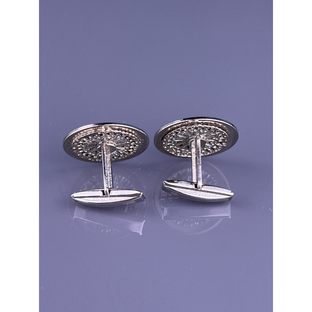 Round Black Glass Cufflinks Silver Tone Wheel Spokes Polished Finish Vintage - Picture 3 of 6
